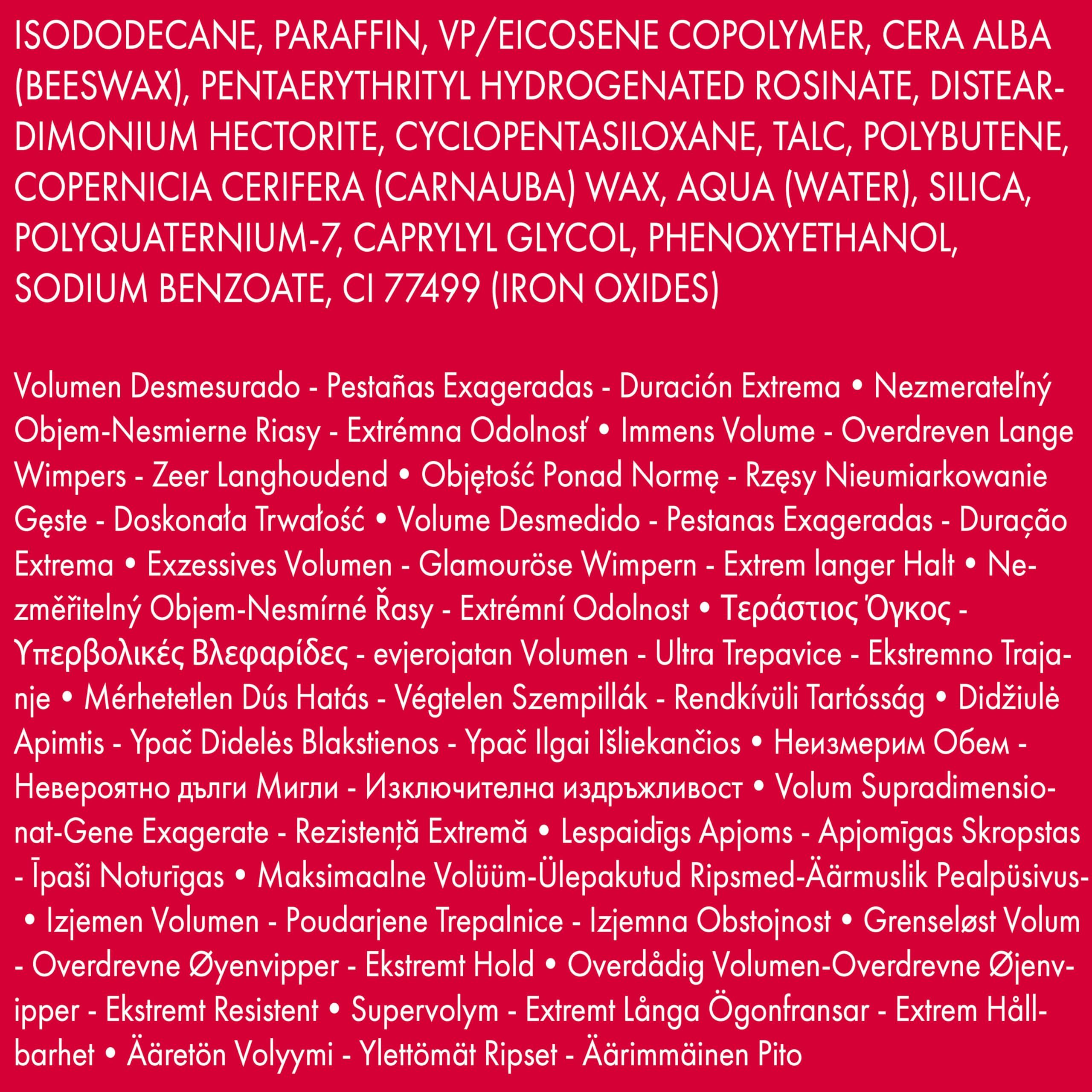 Testo con ingredienti e descrizioni del prodotto in diverse lingue.