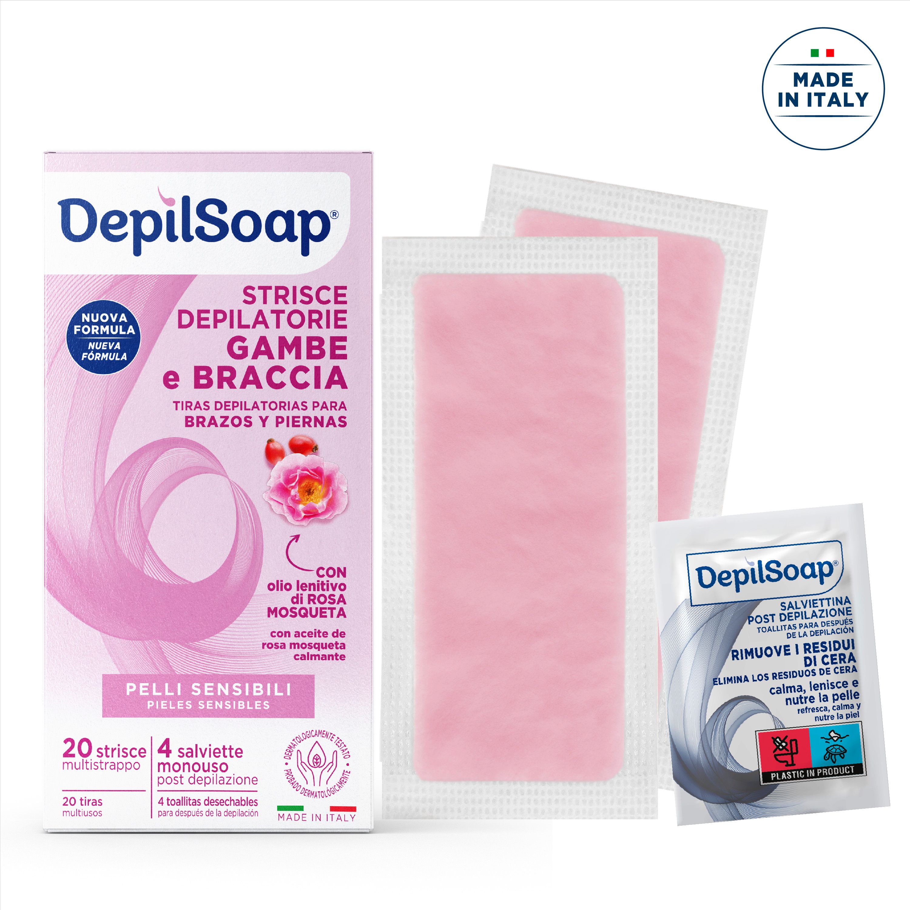 Depilsoap®–Strisce Depilatorie Corpo per Pelli Sensibili,20 Strisce e 4 Salviettine Post-Depilazione