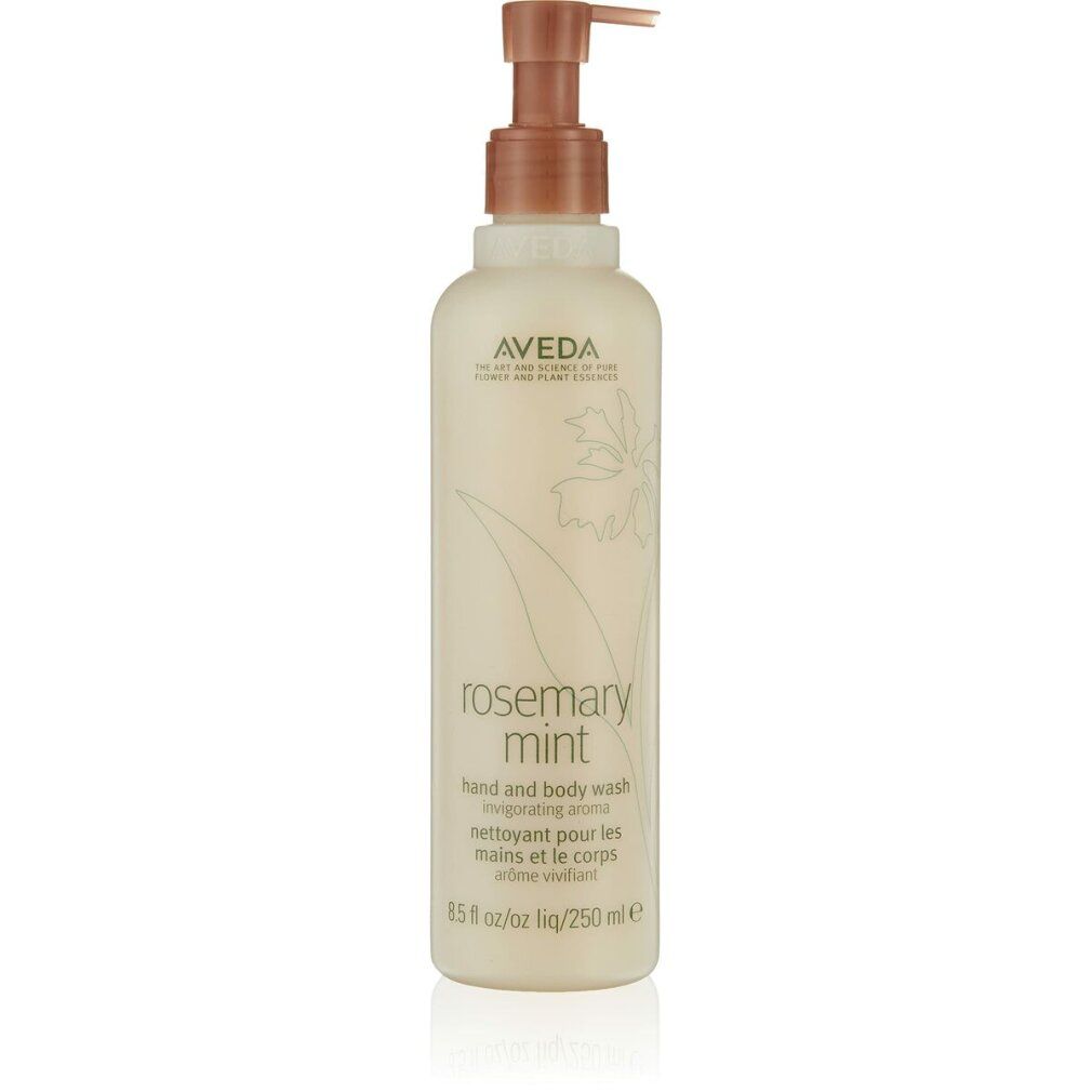 Flacone beige con erogatore marrone. Scritta: Aveda, Rosemary Mint, Hand and body wash. Nome del prodotto e marchio visibili.