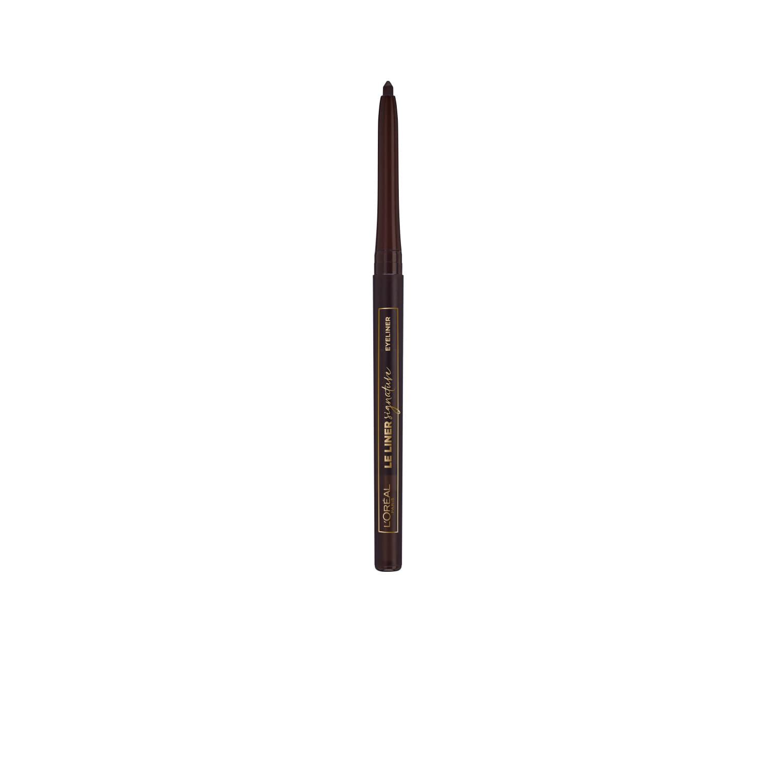 Matita eyeliner marrone. Forma sottile, corpo nero con scritta argentata. Marca: L'Oréal.
