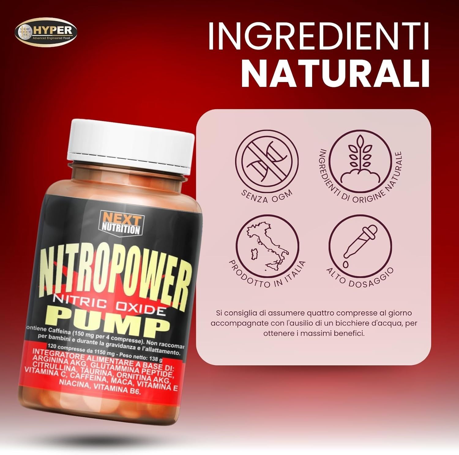 Flacone marrone Nitro Power Pump. Testo: Ingredienti naturali. Senza OGM. Prodotto in Italia. Alto dosaggio.