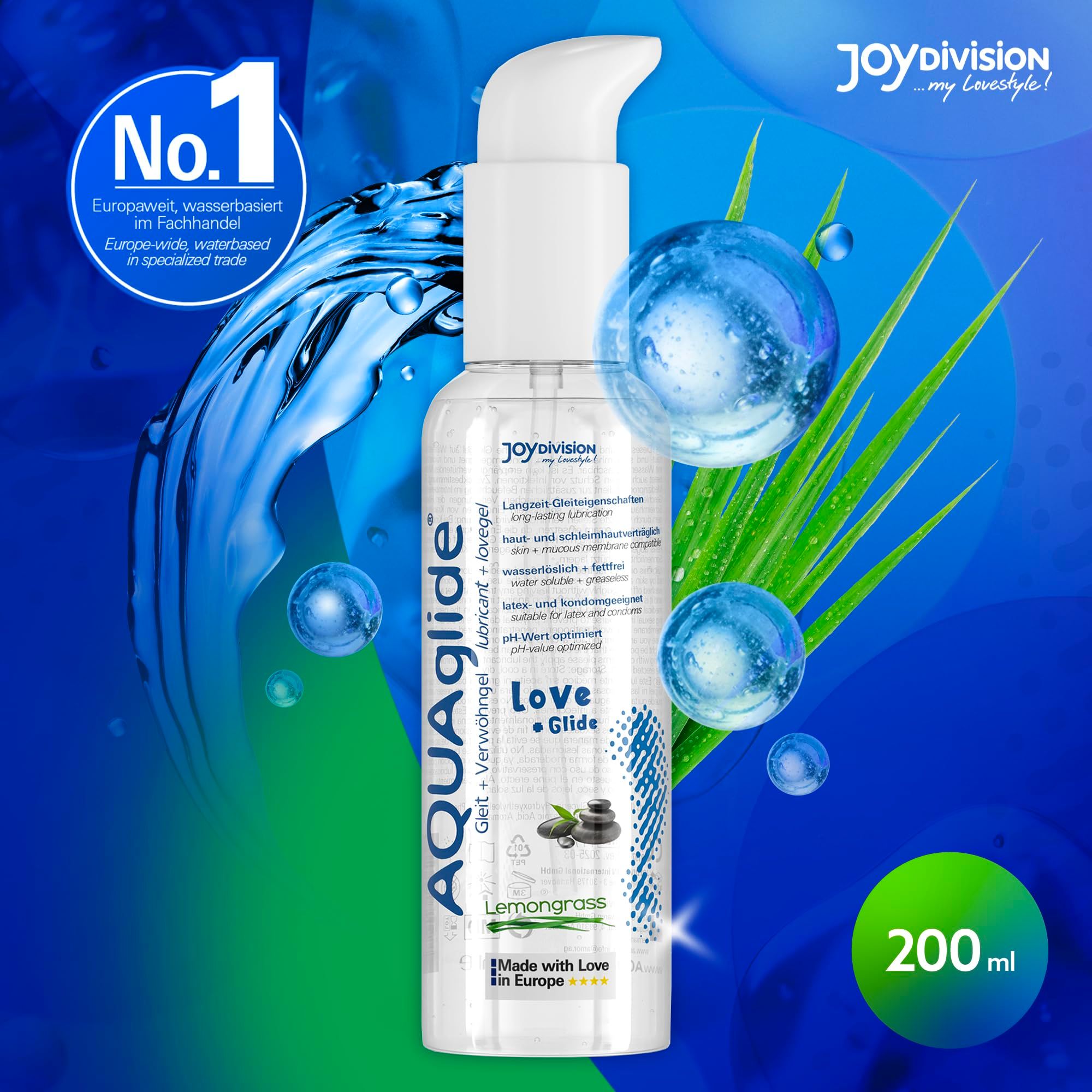 AQUAGLIDE Massage + Glide Lemongrass flacone con pompa con effetti d'acqua.