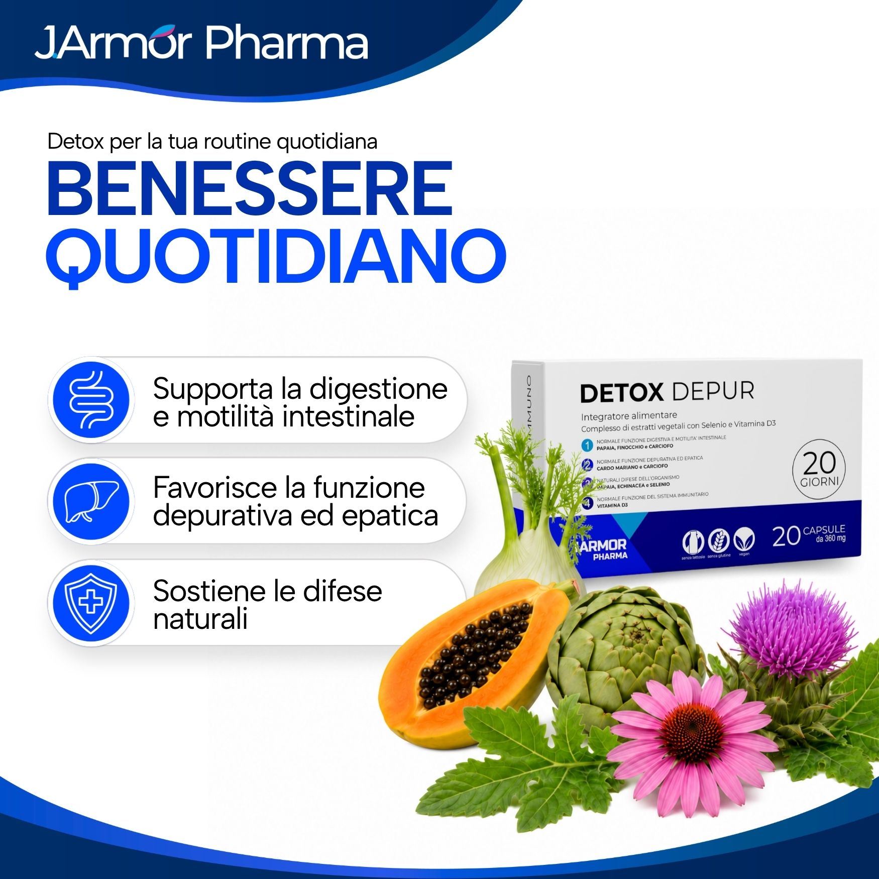 Detox Depur supporta digestione, funzione epatica e difese immunitarie.