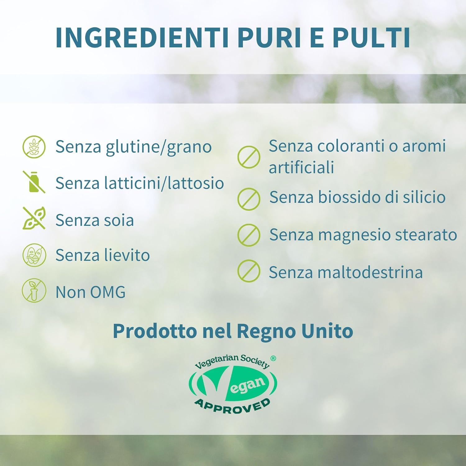 Elenco ingredienti: Senza glutine, lattosio, soia, lievito, coloranti, biossido di silicio, magnesio stearato. Vegano.