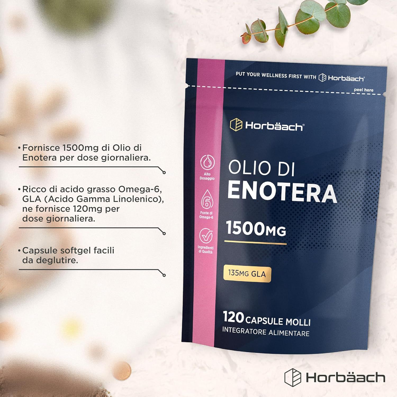 Confezione Horbaach Olio di Enotera, 1500mg, 120 capsule. Testo: 135mg GLA. Simboli: Alto Dosaggio, Fonte di Omega-6.