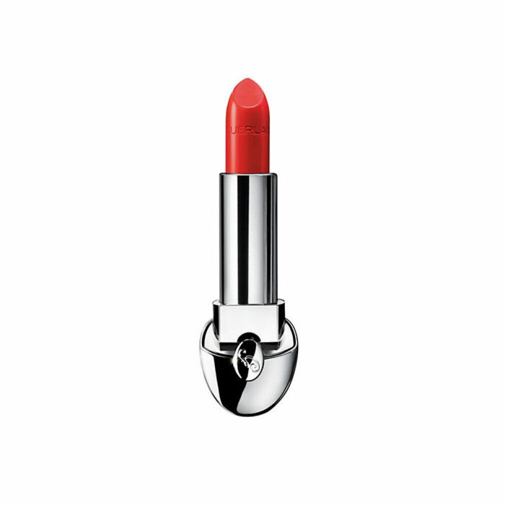 Rossetto Rouge G De Guerlain, tonalità 45, rosso arancio. Astuccio argento, rossetto estratto. Vista verticale.