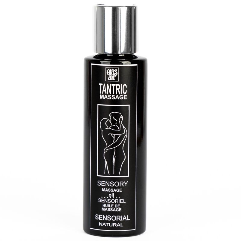 Flacone nero con tappo argentato. Scritta: Tantric Massage, Sensory Massage Oil. Illustrazione di due persone.