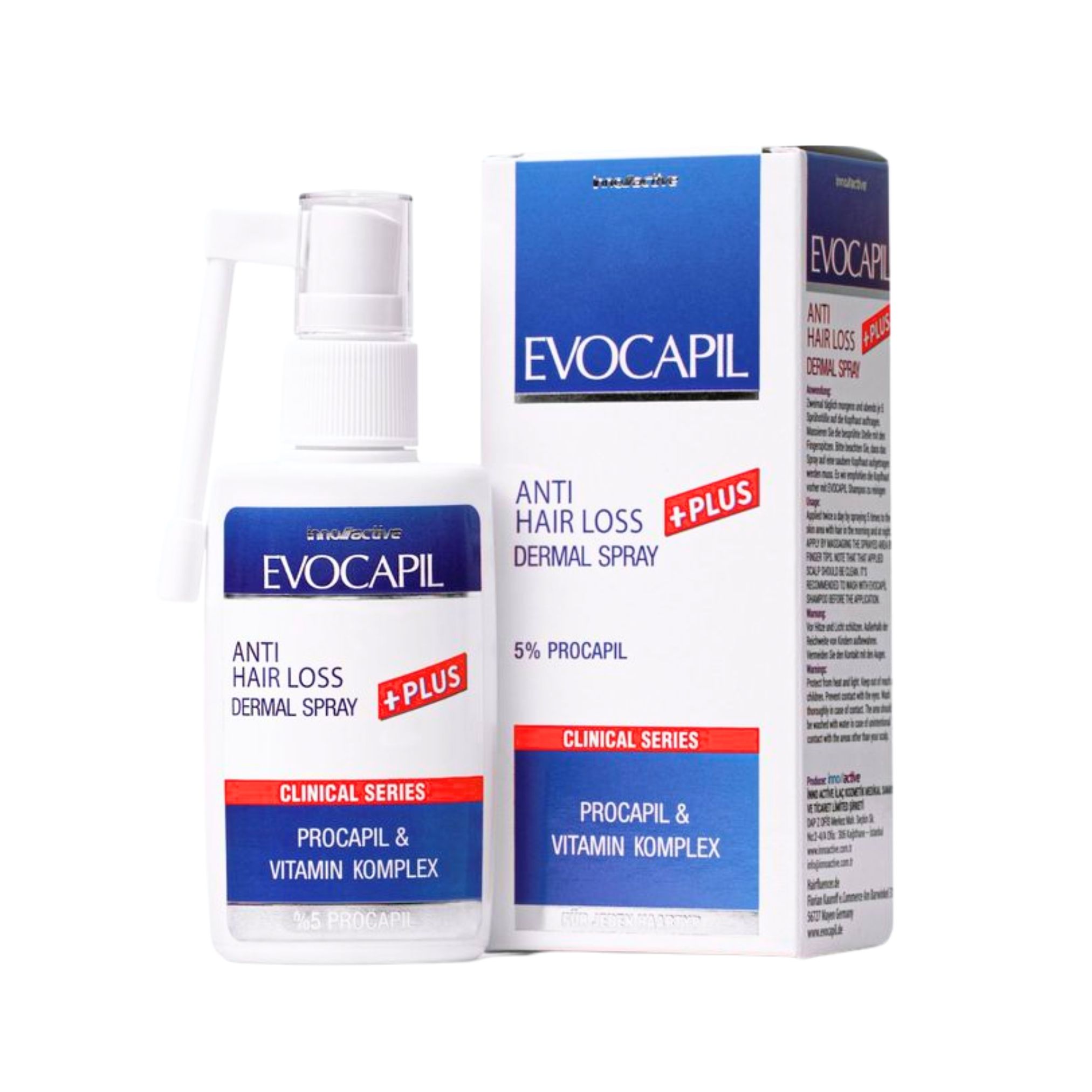 Spray cutaneo Evocapil Plus Anti-Caduta e confezione. Flacone spray bianco con etichetta blu. 5% Procapil.