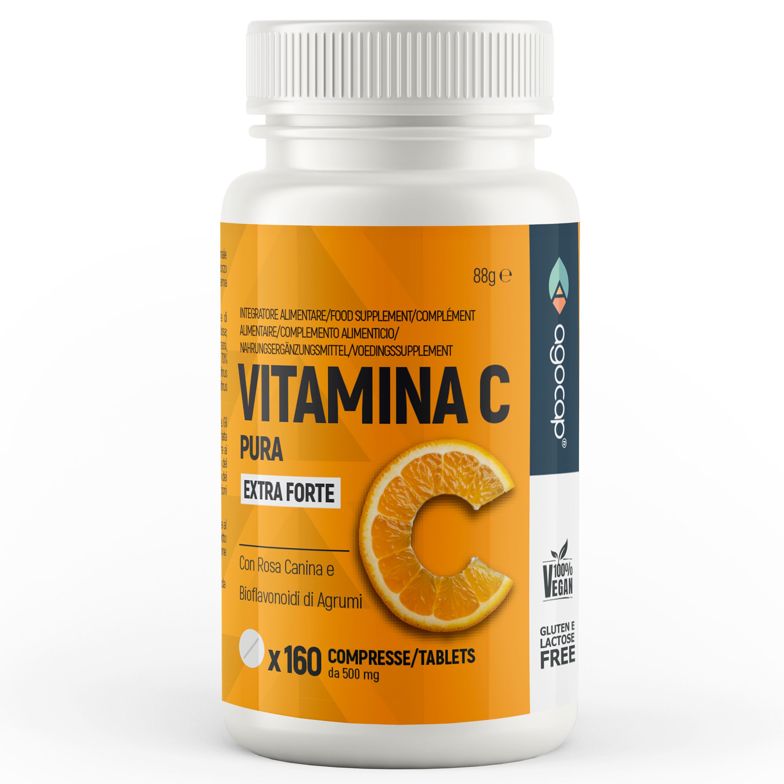 Flacone bianco di vitamina C. Scritta: Vitamina C, 160 compresse. Con bioflavonoidi e rosa canina. Vegano e senza glutine.