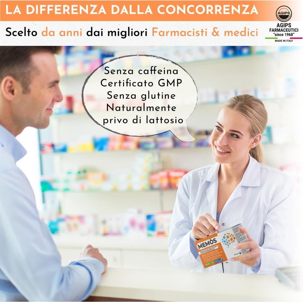 Un farmacista tiene in mano una confezione di Agips Memos Tabletten. Testo: Senza caffeina, certificato GMP, senza glutine, naturalmente senza lattosio.