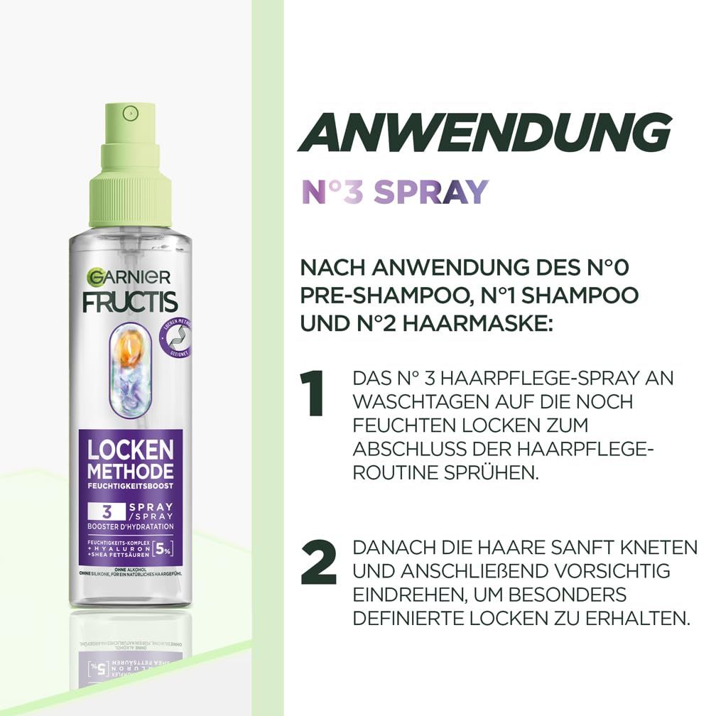 Istruzioni per l'uso dello spray. Testo: Garnier Fructis, Locken Methode, 3 Spray.