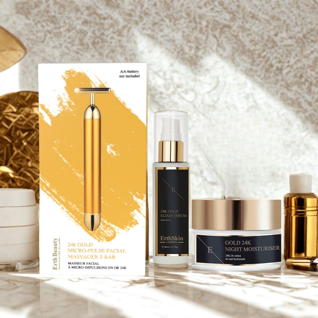 Set ErthSkin London. Massaggiatore a T 24K, siero e crema. Massaggiatore dorato, flacone di siero e vasetto di crema. Bottiglia aggiuntiva.