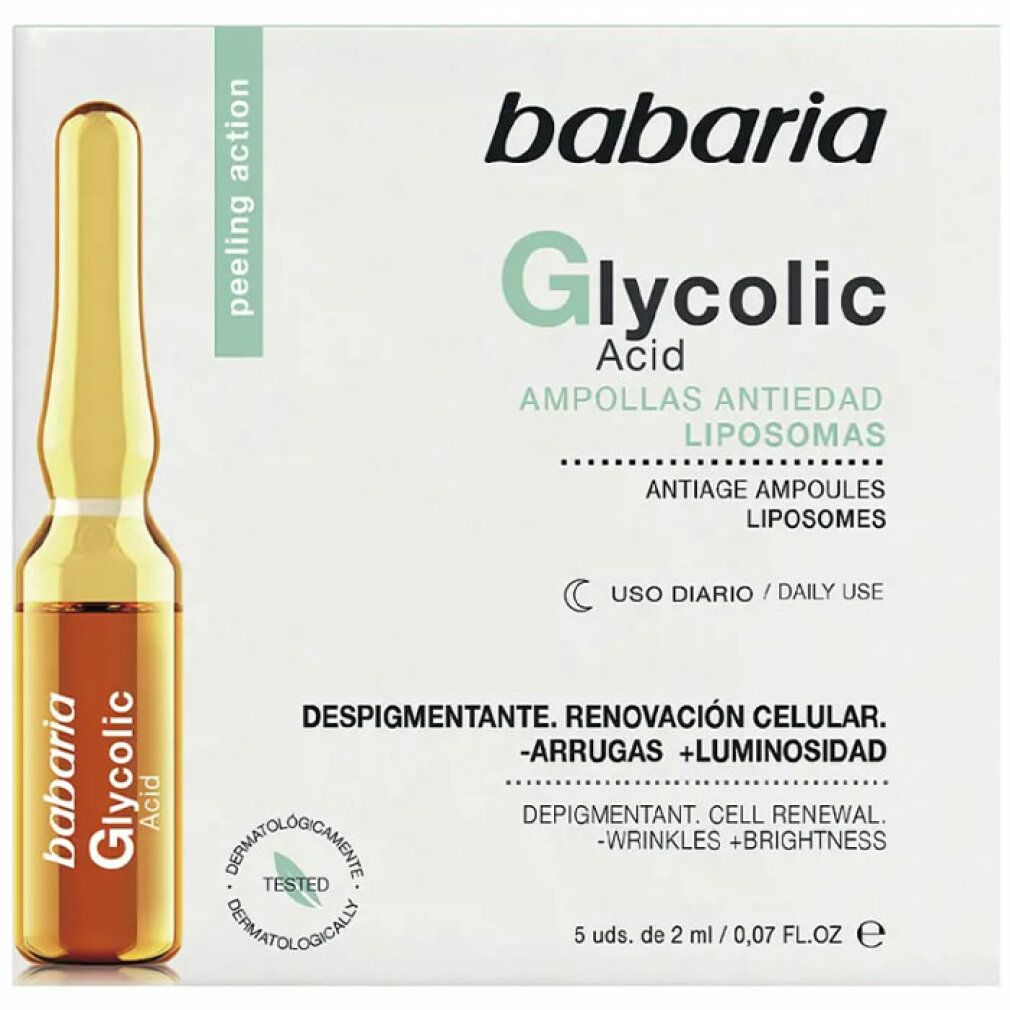 Confezione di fiale Babaria Glycolic Acid. Contiene una fiala e informazioni sul prodotto. Dermatologicamente testato.