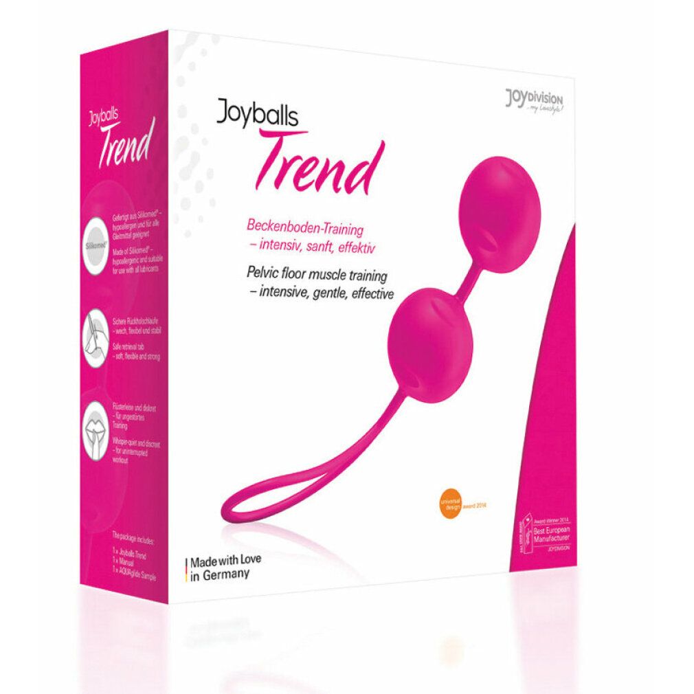 Confezione di Joyballs Trend rosa. Due sfere collegate con cordino e anello. Testo: Allenamento del pavimento pelvico.