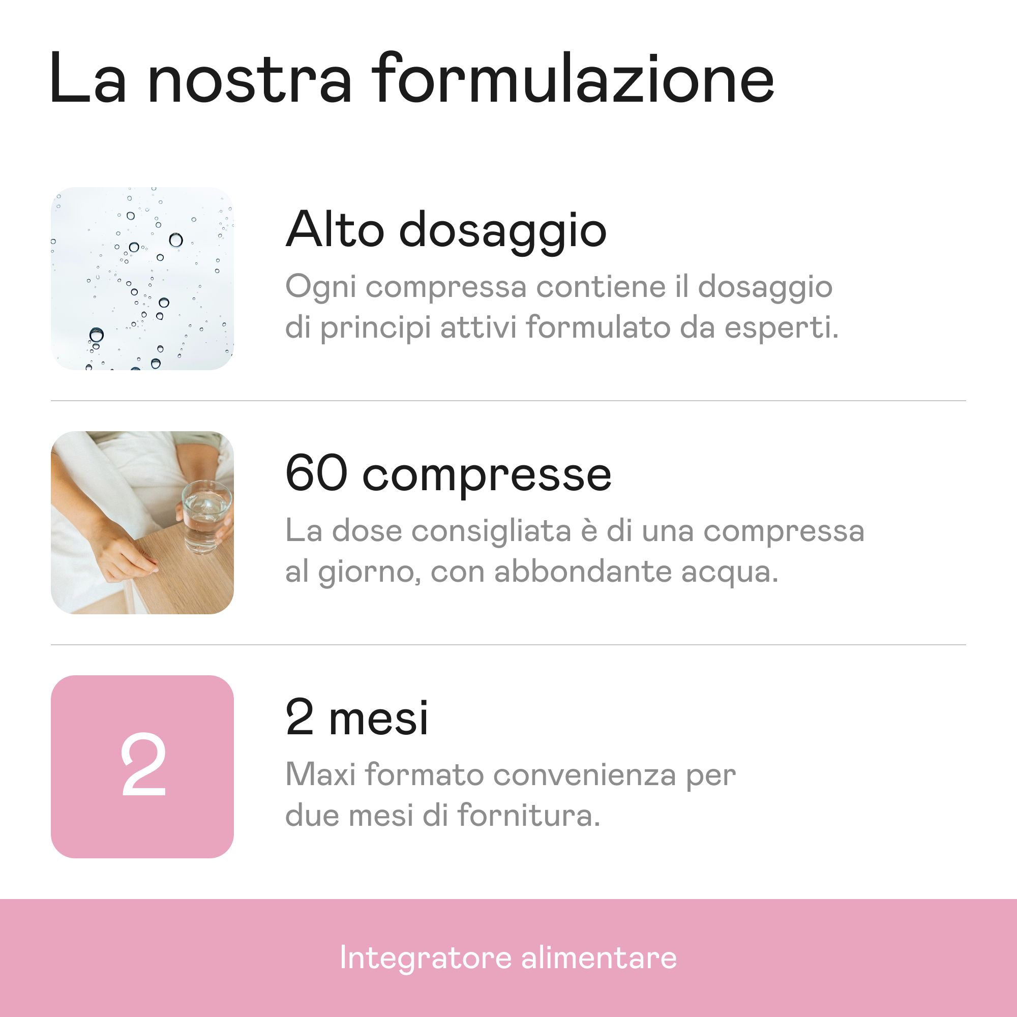 Infografica: Dosaggio elevato, 60 compresse, 2 mesi. Integratore alimentare.