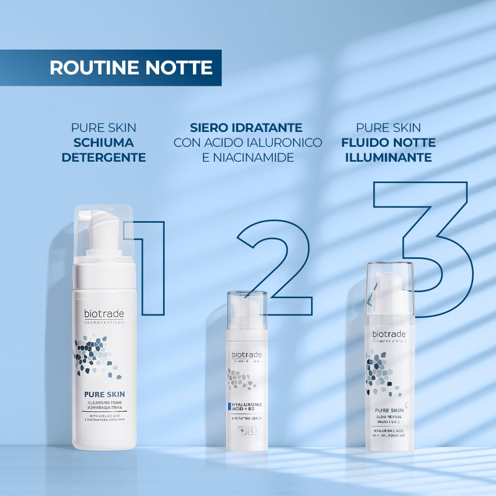 Routine notturna con tre prodotti Biotrade. 1: Schiuma detergente, 2: Siero, 3: Fluido notte. Testo: Pure Skin.