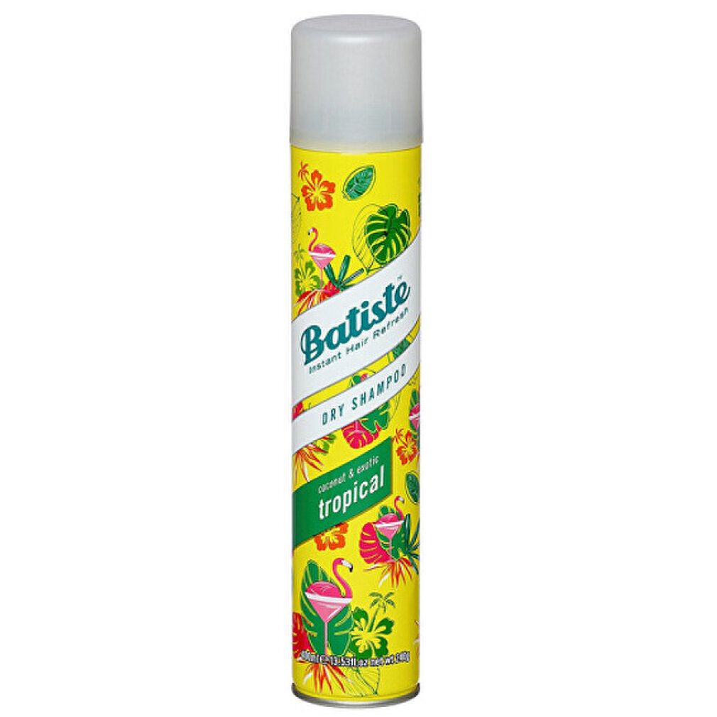 Batiste Shampoo Secco Tropical. Bomboletta spray gialla con motivi tropicali, fenicotteri e foglie.
