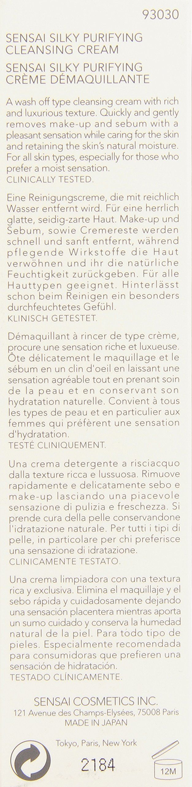 Testo su sfondo bianco. Nome del prodotto: "SENSAl Silky Purifying Cleansing Cream". Testo multilingue.