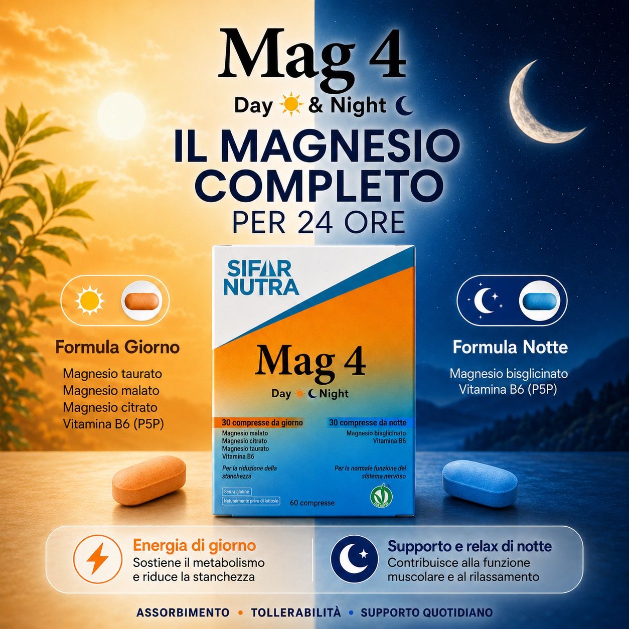 Sifar Nutra Mag 4 Day & Night. Formula giorno e notte. Compresse arancioni e blu.