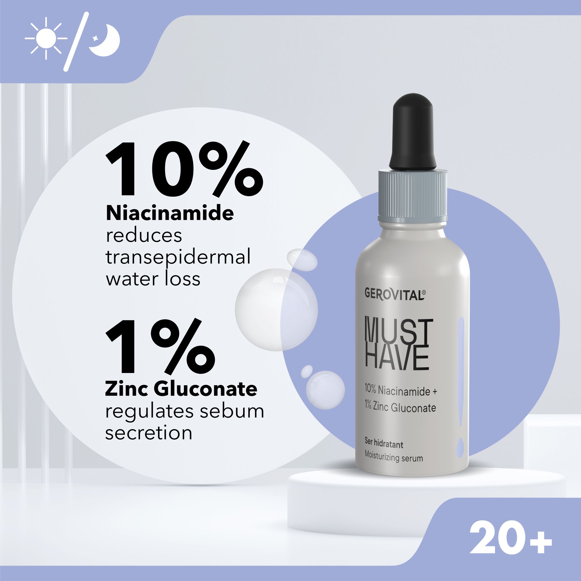 Siero idratante Gerovital Must Have con contagocce e testo sulla niacinamide.