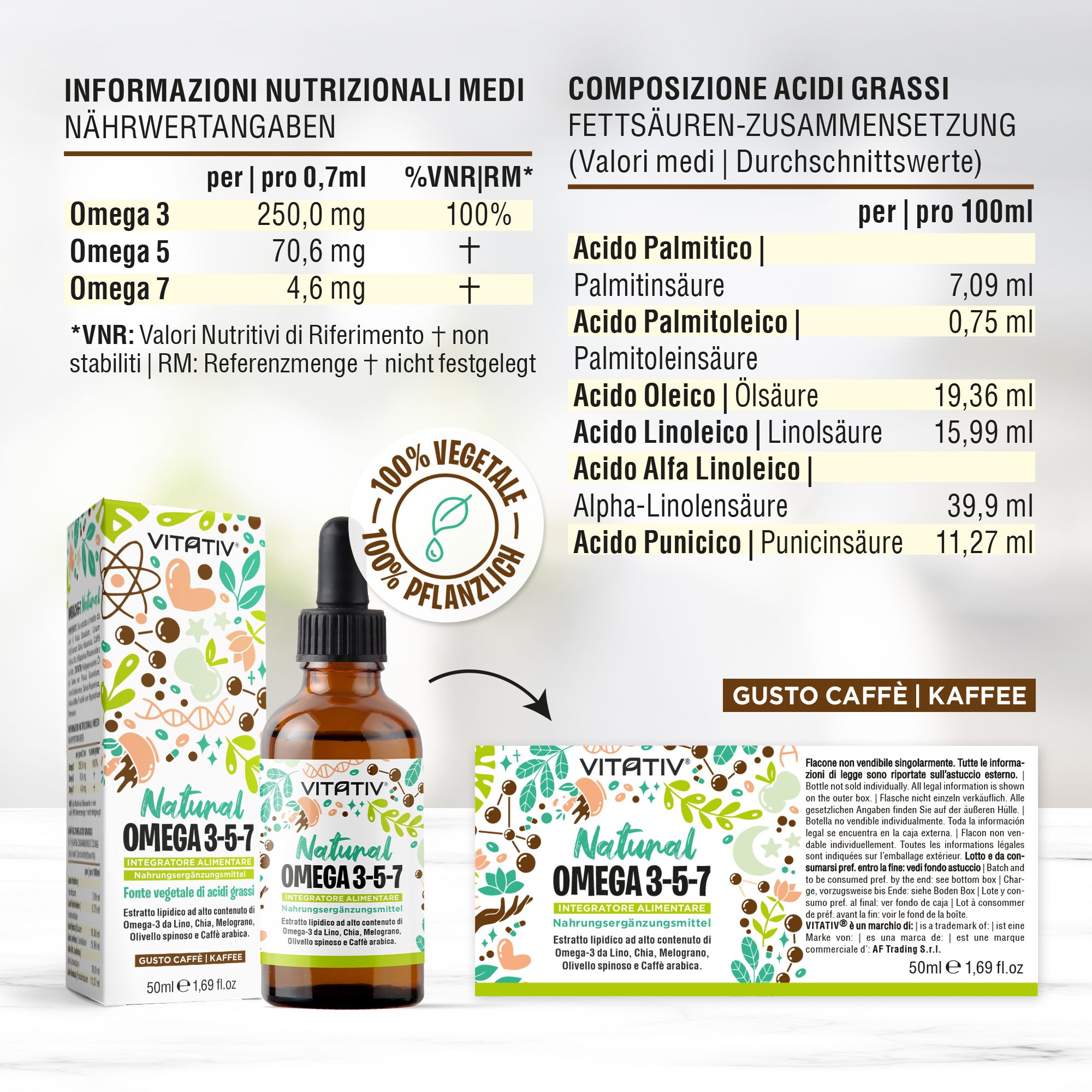 Vitativ® Omega 3-5-7 Fonte Vegetale Acidi Grassi con Acido Oleico, Linoleico, Alfa Linoleico, Caffè
