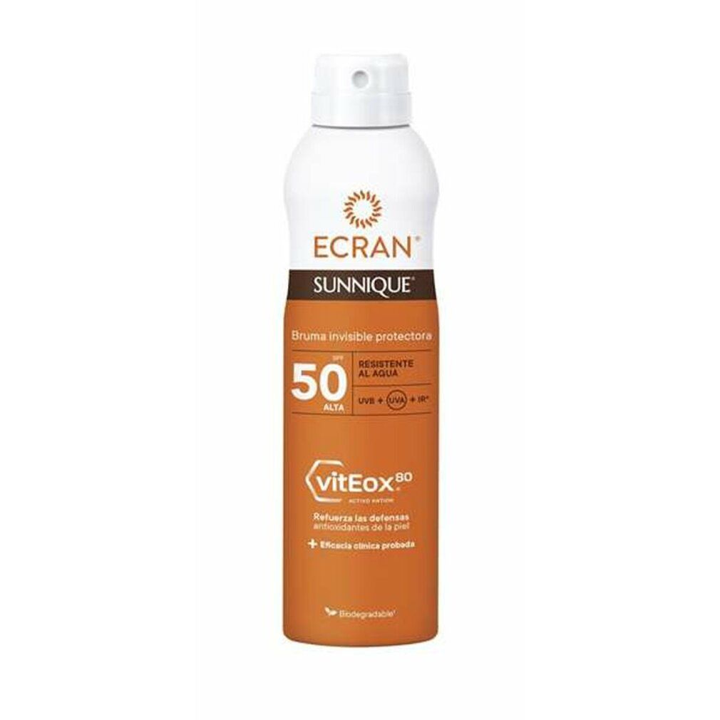 Spray solare bianco e arancione. Testo: ECRAN SUNNIQUE, FPS 50, Bruma invisible protectora, viteEox80. Resistente all'acqua.