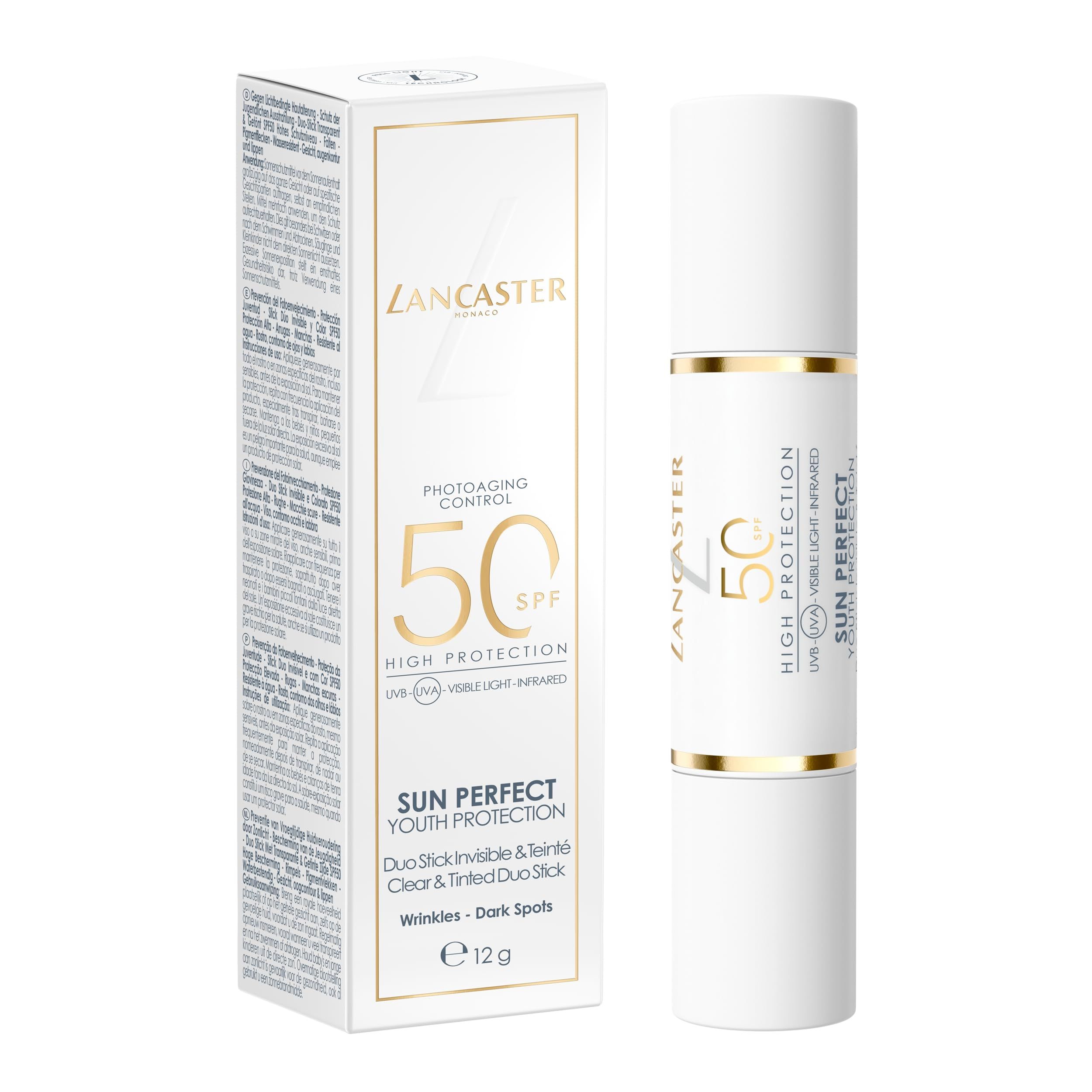 Prodotto e confezione. Stick bianco e scatola. Scritte: Lancaster, 50 SPF, Sun Perfect, Duo Stick.