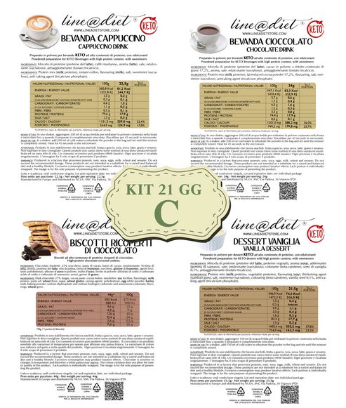 Line@diet KETO: Biscotti, dessert vaniglia, cappuccino, dessert cioccolato. Valori nutrizionali.