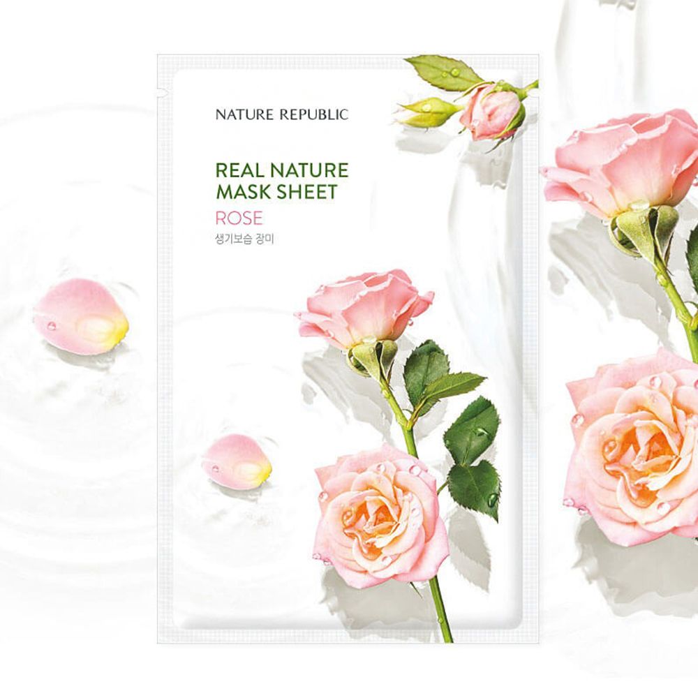 Confezione maschera viso con motivo rosa. Testo: NATURE REPUBLIC, REAL NATURE MASK SHEET, ROSE. Fiori e petali di rosa.