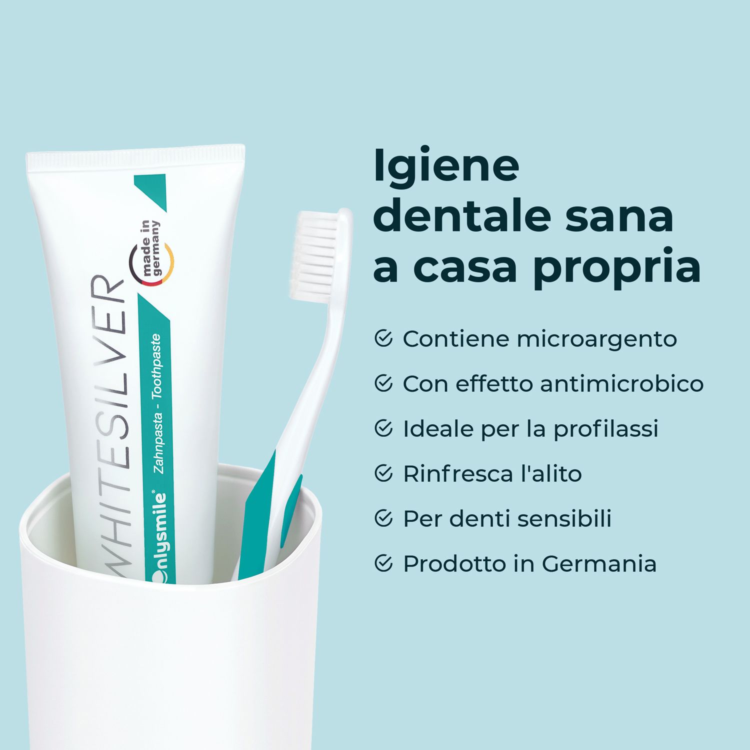 Dentifricio e spazzolino in tazza. Testo: Contiene microargento, effetto antimicrobico, per denti sensibili.