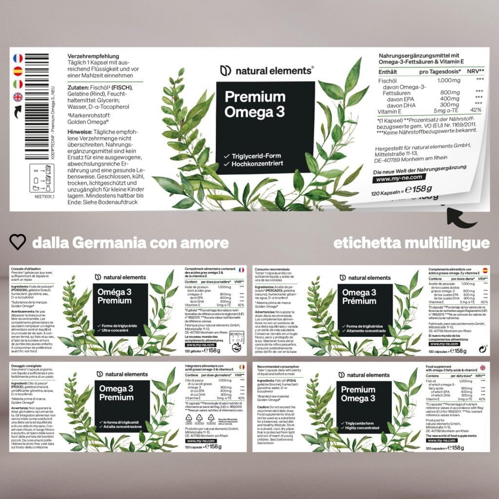 Un'etichetta per "Natural Elements Premium Omega 3" con informazioni nutrizionali e motivi botanici.