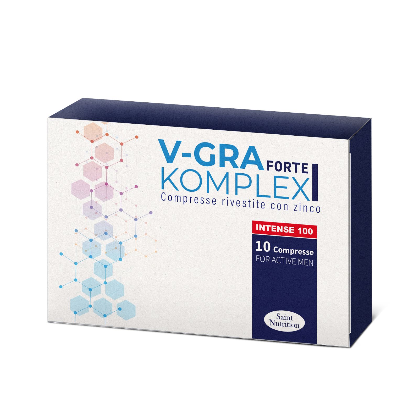 Scatola con scritta: V-GRA Forte Komplex, 10 compresse, per uomini attivi. Marchio: Saint Nutrition. Sfondo: elementi grafici colorati.
