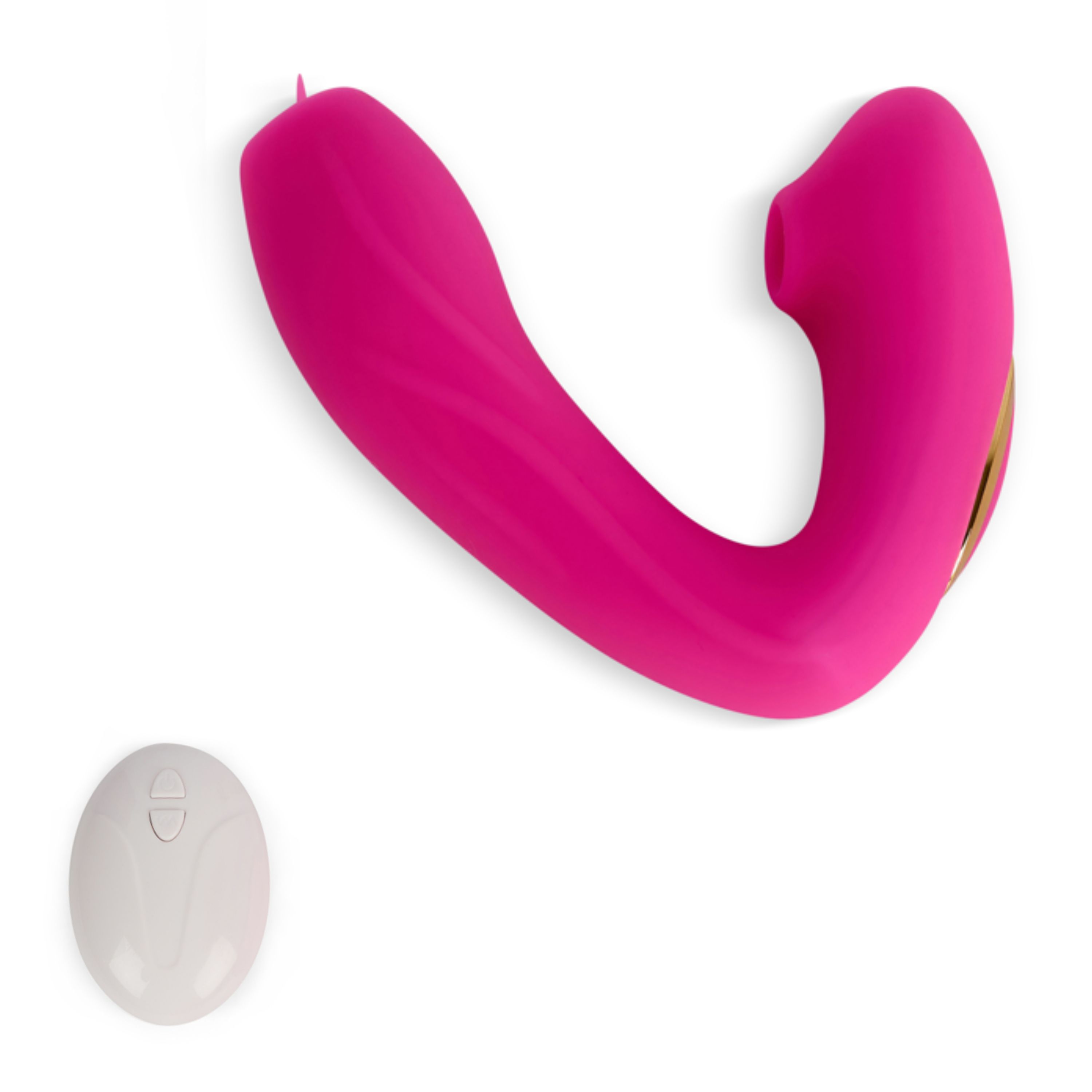 Prodotto benessere rosa con telecomando. Forma curva con due aperture. Telecomando bianco.