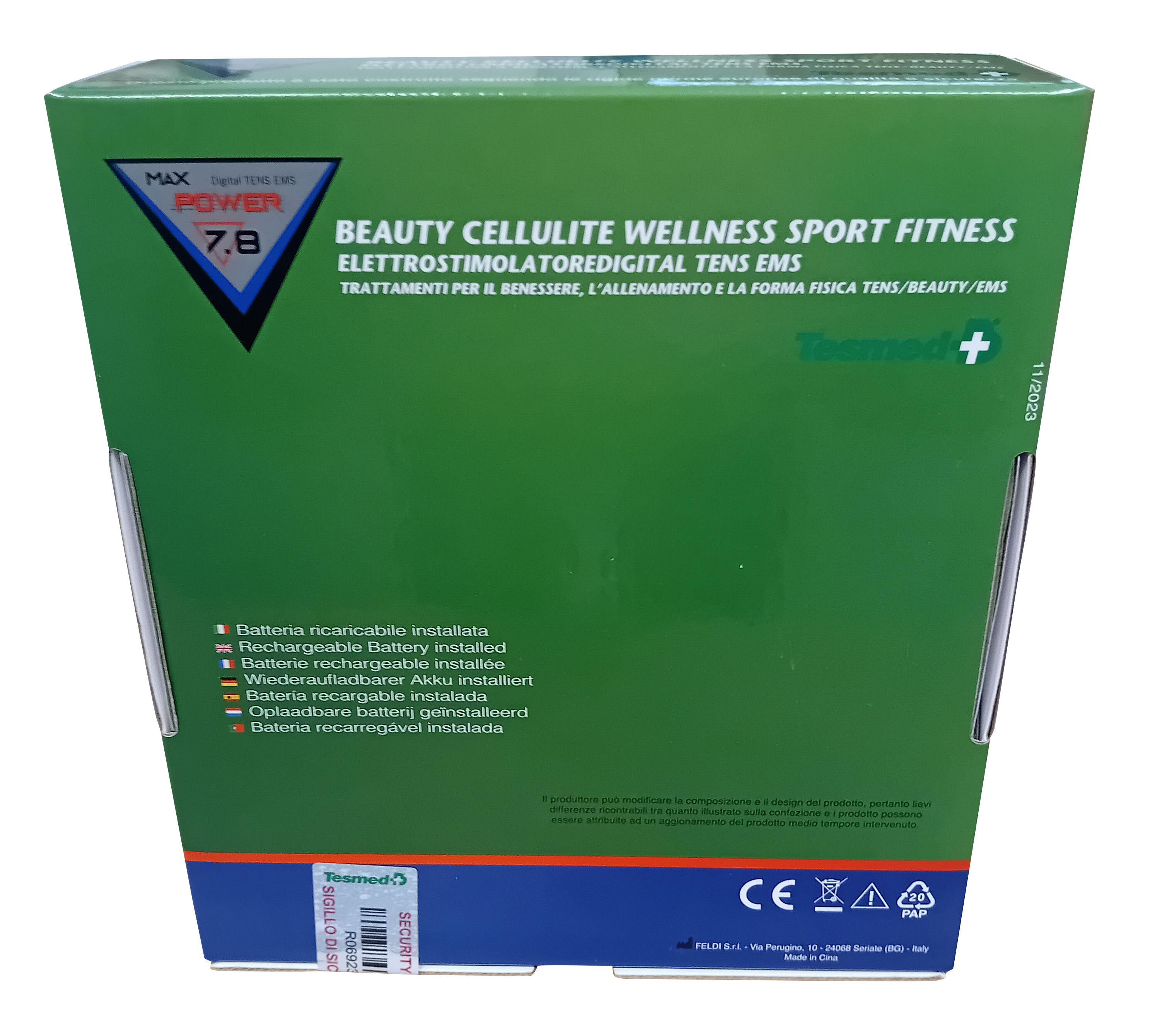 Confezione verde, retro. Testo: "BEAUTY CELLULITE WELLNESS SPORT FITNESS". Informazioni sulla batteria.