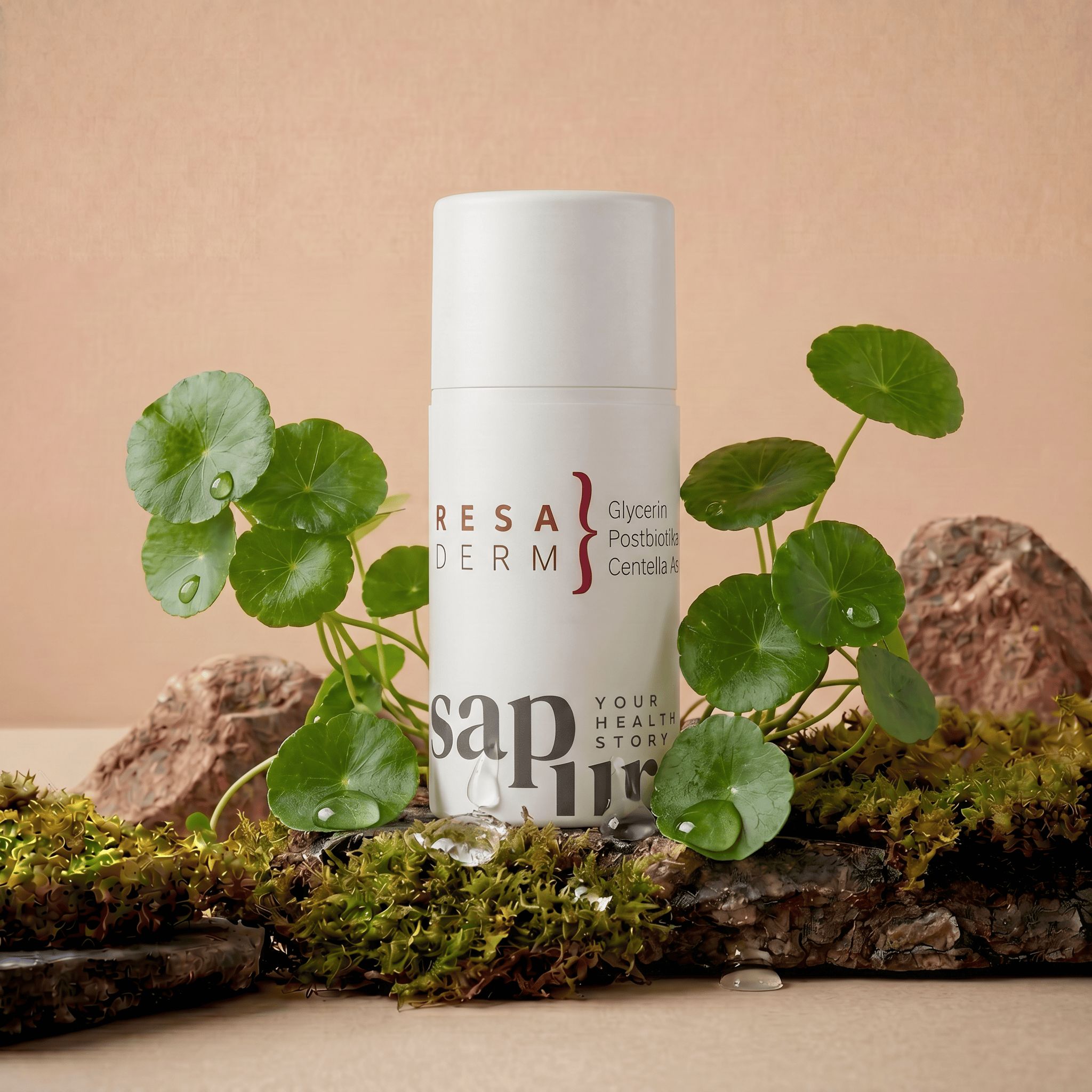 Flacone bianco con pompa circondato da piante e pietre. Il prodotto contiene glicerina, postbiotici, Centella Asiatica.