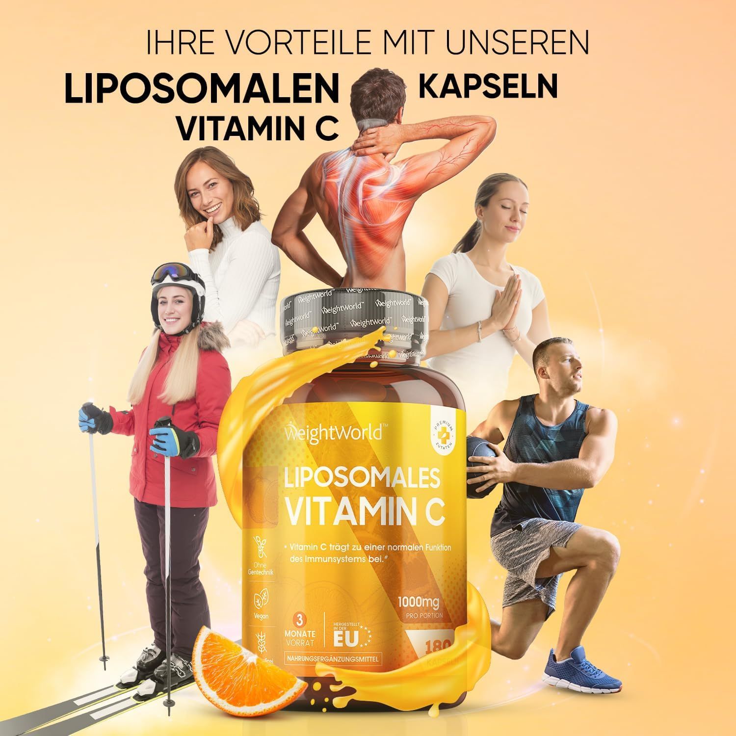 Flacone del prodotto con WeightWorld Liposomales Vitamin C. Persone in vari sport. Arancia. 3 mesi di scorta.