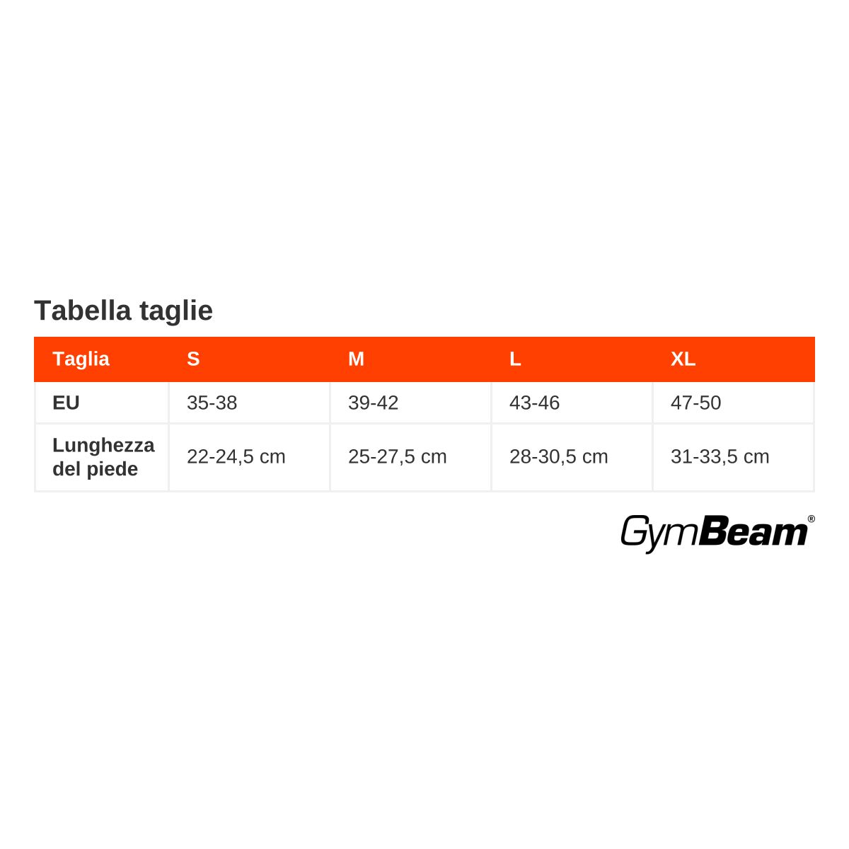 Tabella taglie per calze GymBeam: taglie UE S-XL, lunghezza piede 22-33,5 cm.