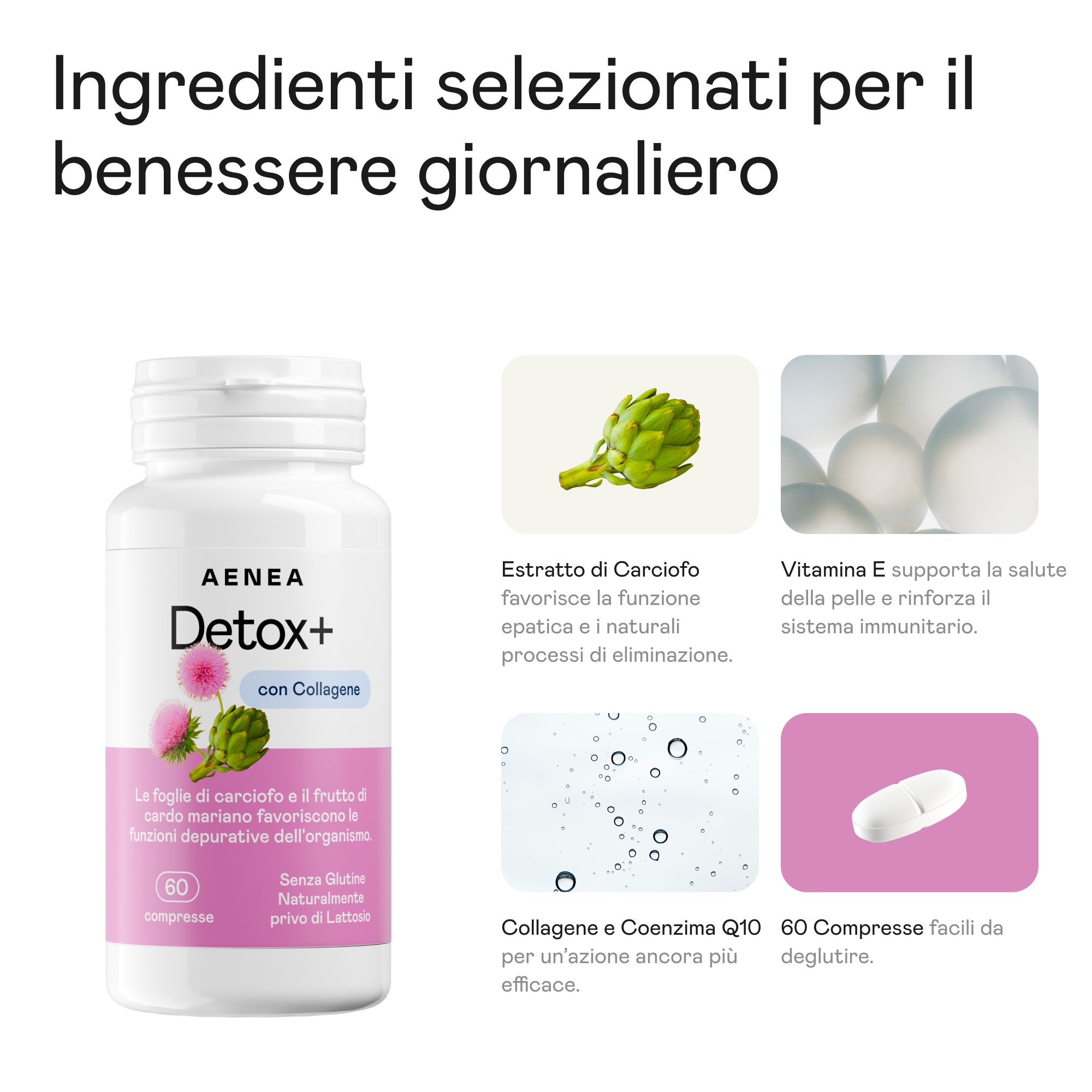 Flacone di compresse Aenea Detox+ con informazioni e illustrazioni. Carciofo, vitamina E, collagene, coenzima Q10 e compresse.