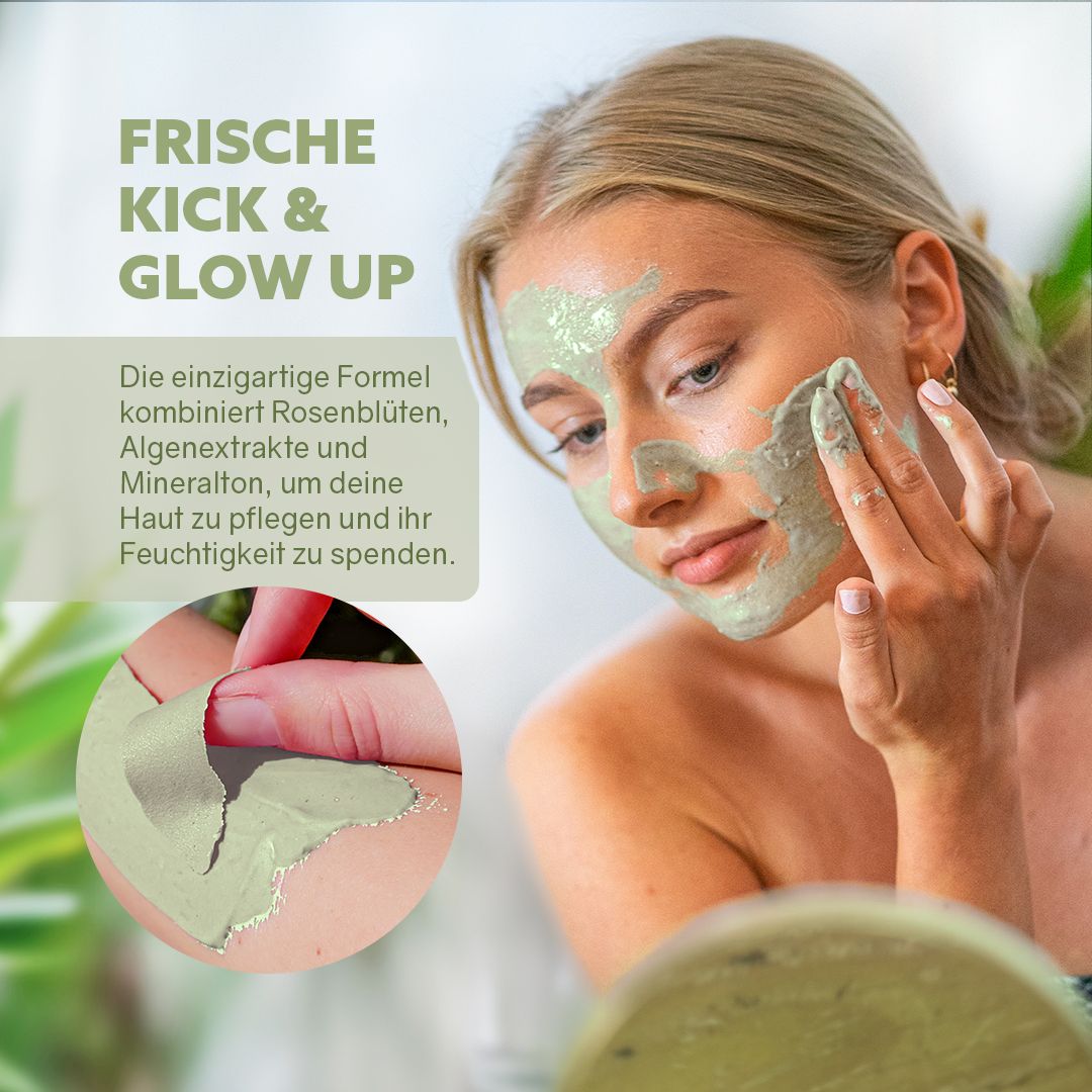Donna con maschera viso verde. Primo piano della maschera sulla mano. Testo: Frische Kick & Glow Up.