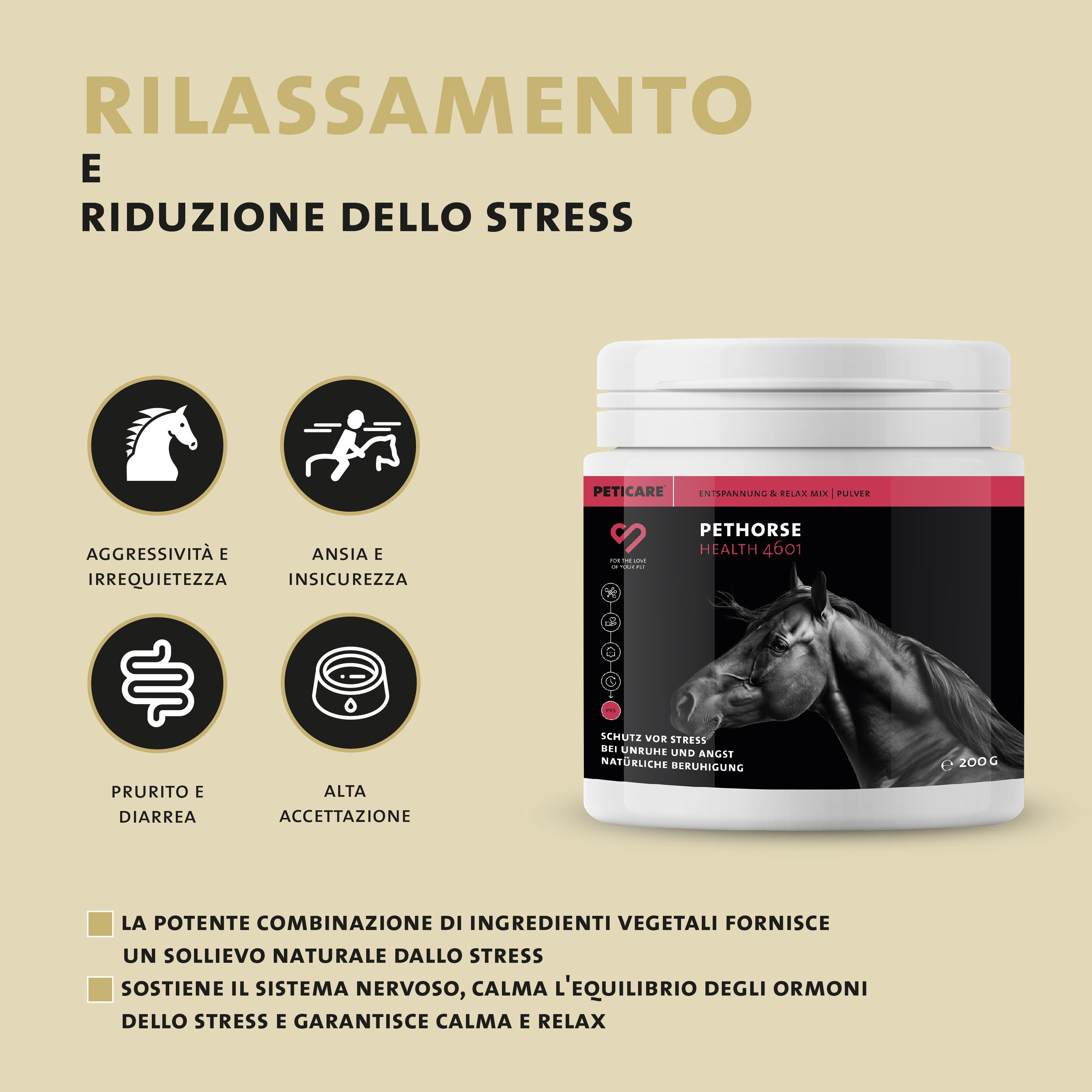 Contenitore in polvere Pethorse Health 4601 Peticare con icone: aggressività, ansia, prurito, diarrea, alta accettazione.