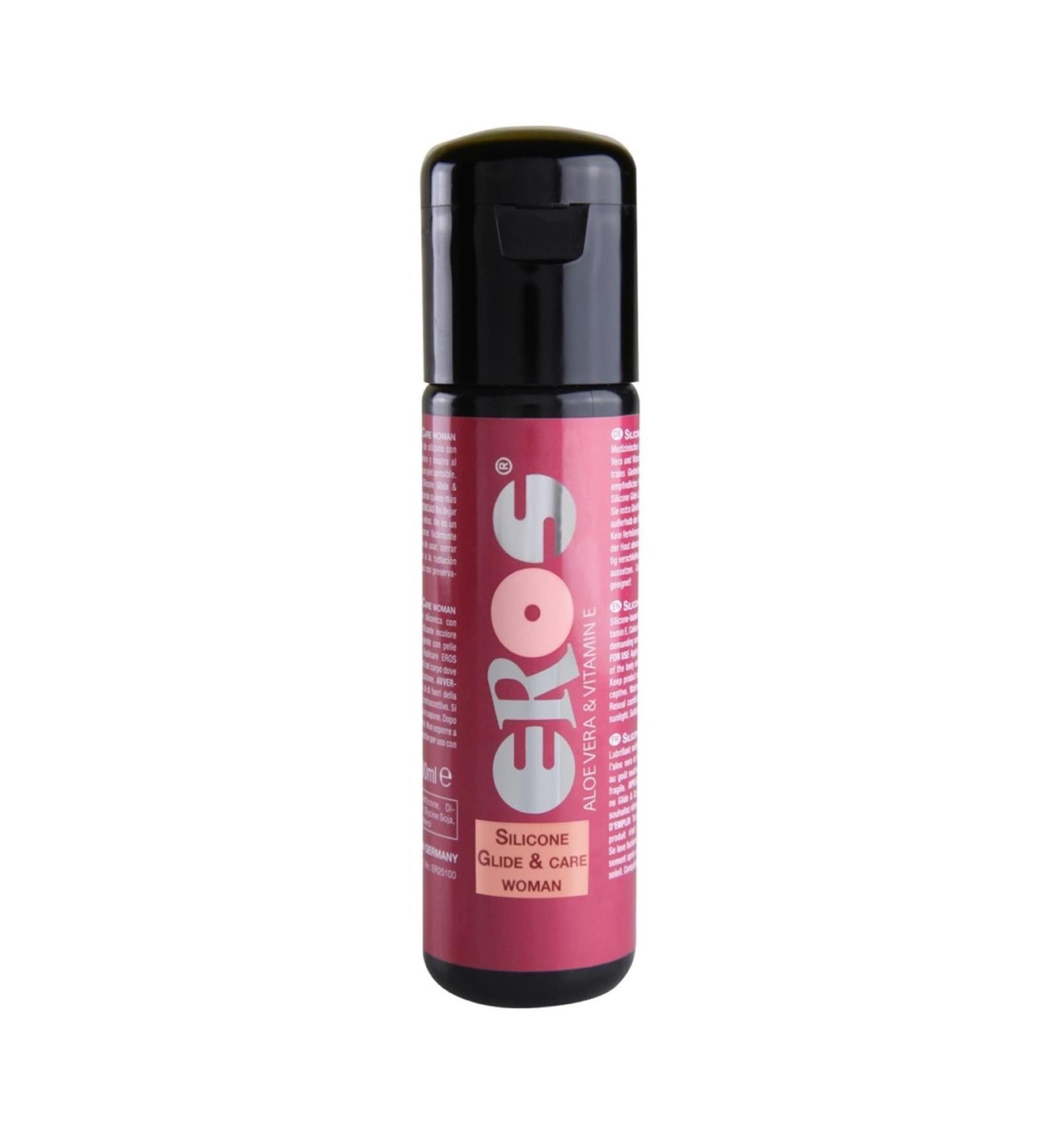 Flacone cilindrico con tappo nero. Scritte: EROS, Silicone Glide & Care, Woman. Contiene Aloe Vera & Vitamina E.