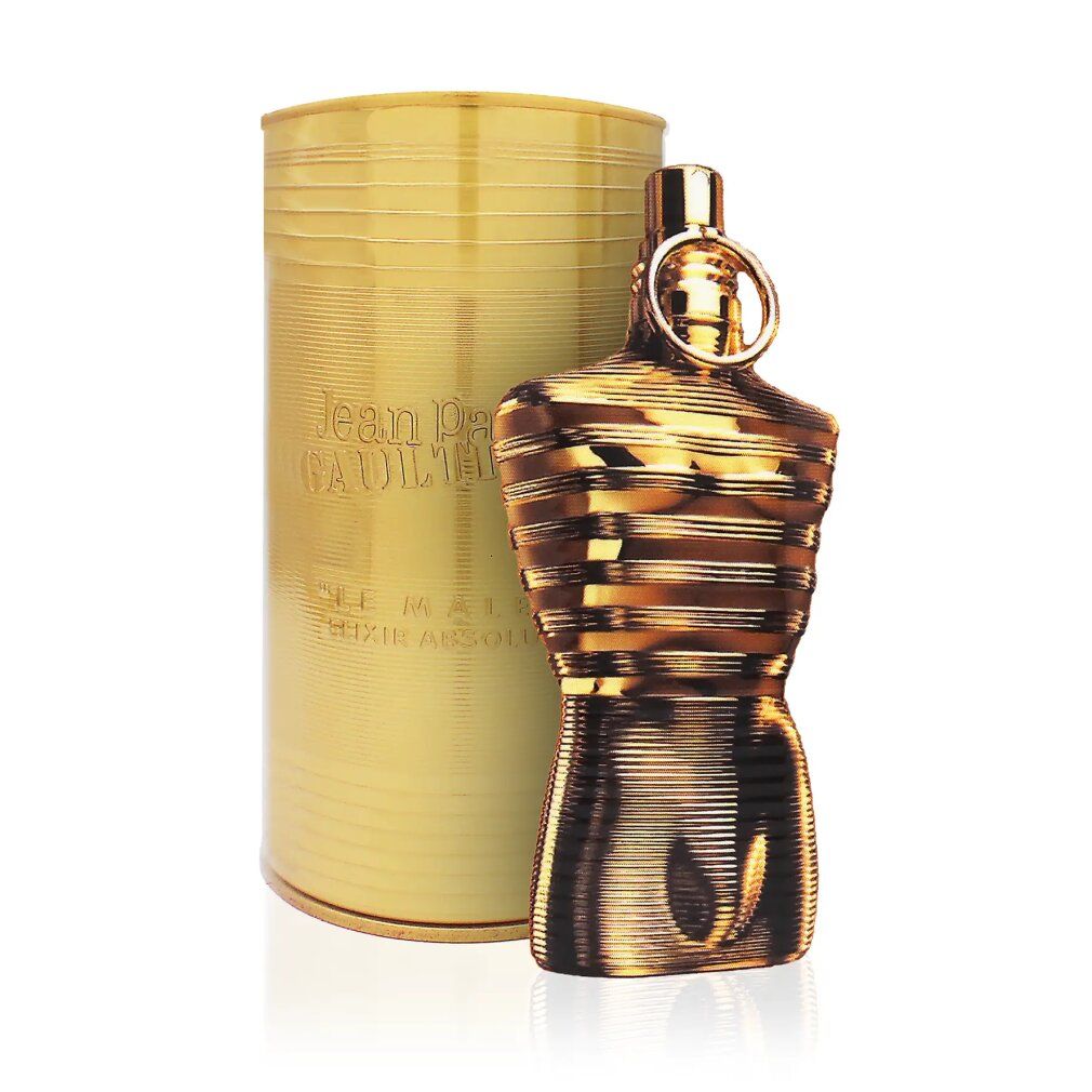 Flacone dorato a forma di torso accanto a confezione cilindrica. Scritta: Jean Paul Gaultier, Le Male Elixir Absolu.
