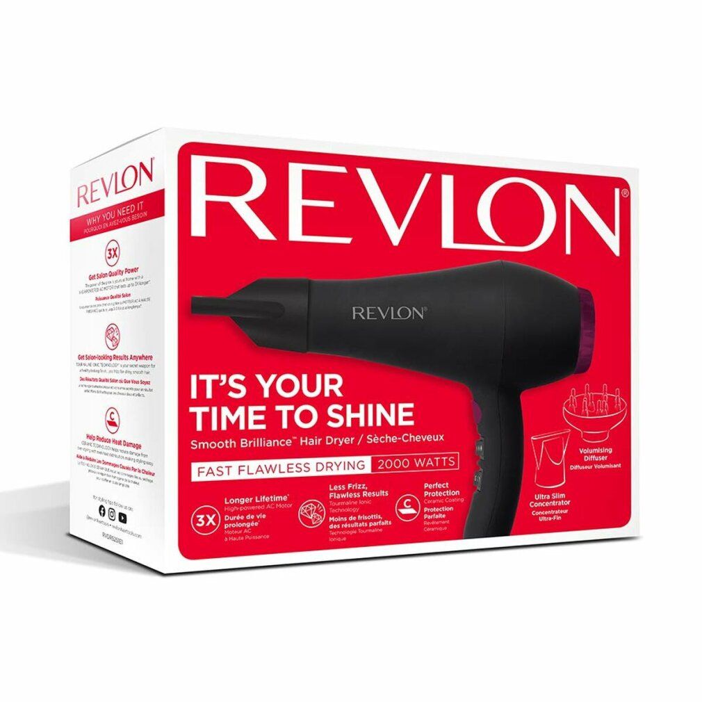 Confezione dell'asciugacapelli Revlon. Nome del prodotto e marchio visibili. Testo: It's your time to shine.