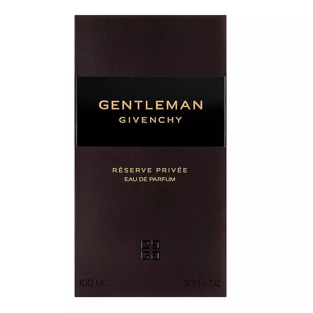 Confezione rettangolare marrone con fascia nera e scritta dorata: GENTLEMAN Givenchy. Sotto: RÉSERVE PRIVÉE EAU DE PARFUM. Logo in basso.