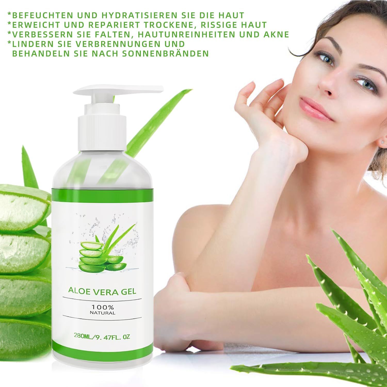 Donna che si tocca il viso. Flacone di gel di aloe vera con dispenser. Etichetta verde e bianca. Foglie di aloe vera accanto. Testo: Aloe Vera Gel, 100% Natural.