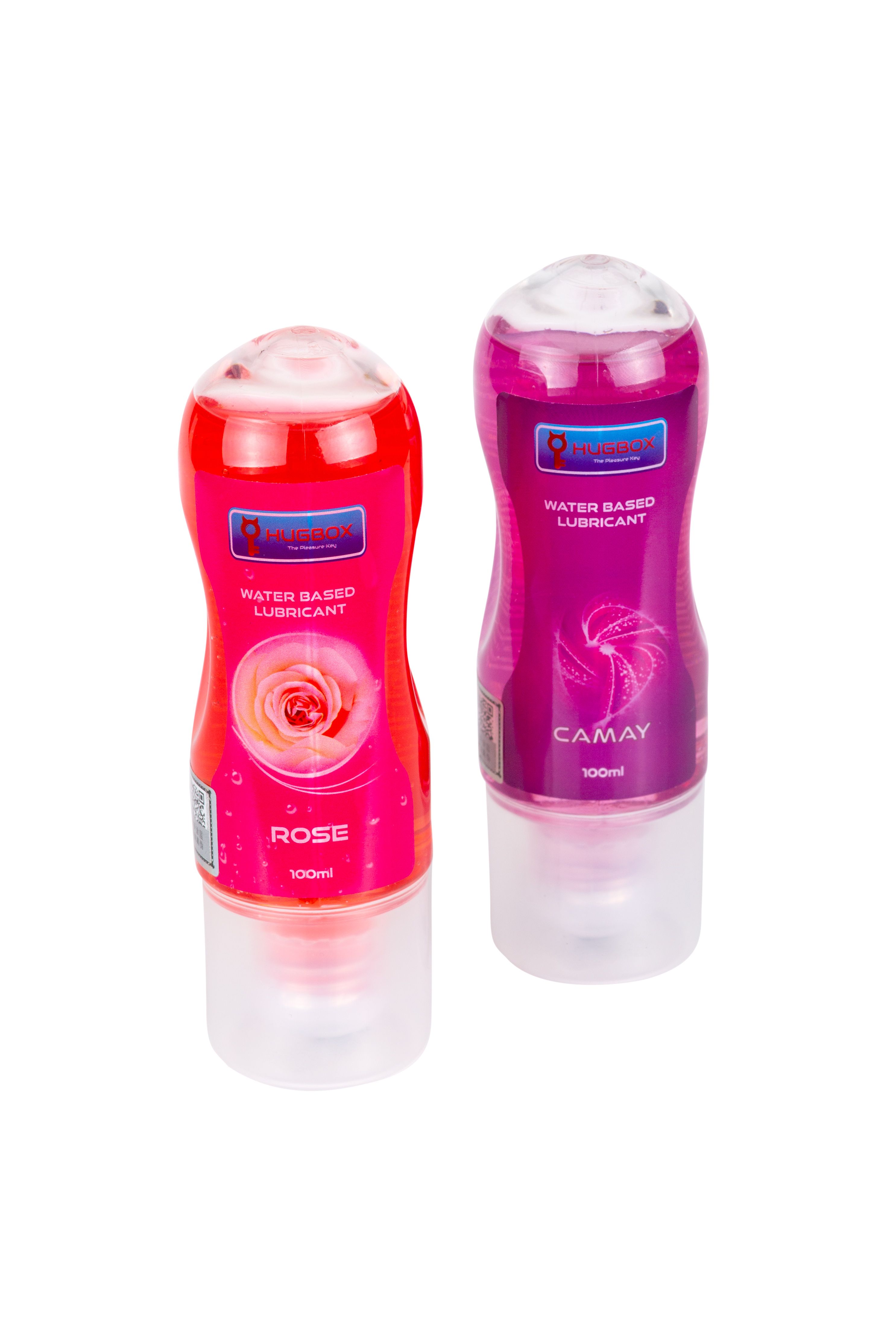 Due flaconi con liquido rosa e viola. Etichette con testo e rosa. Nome prodotto non visibile. 100ml.