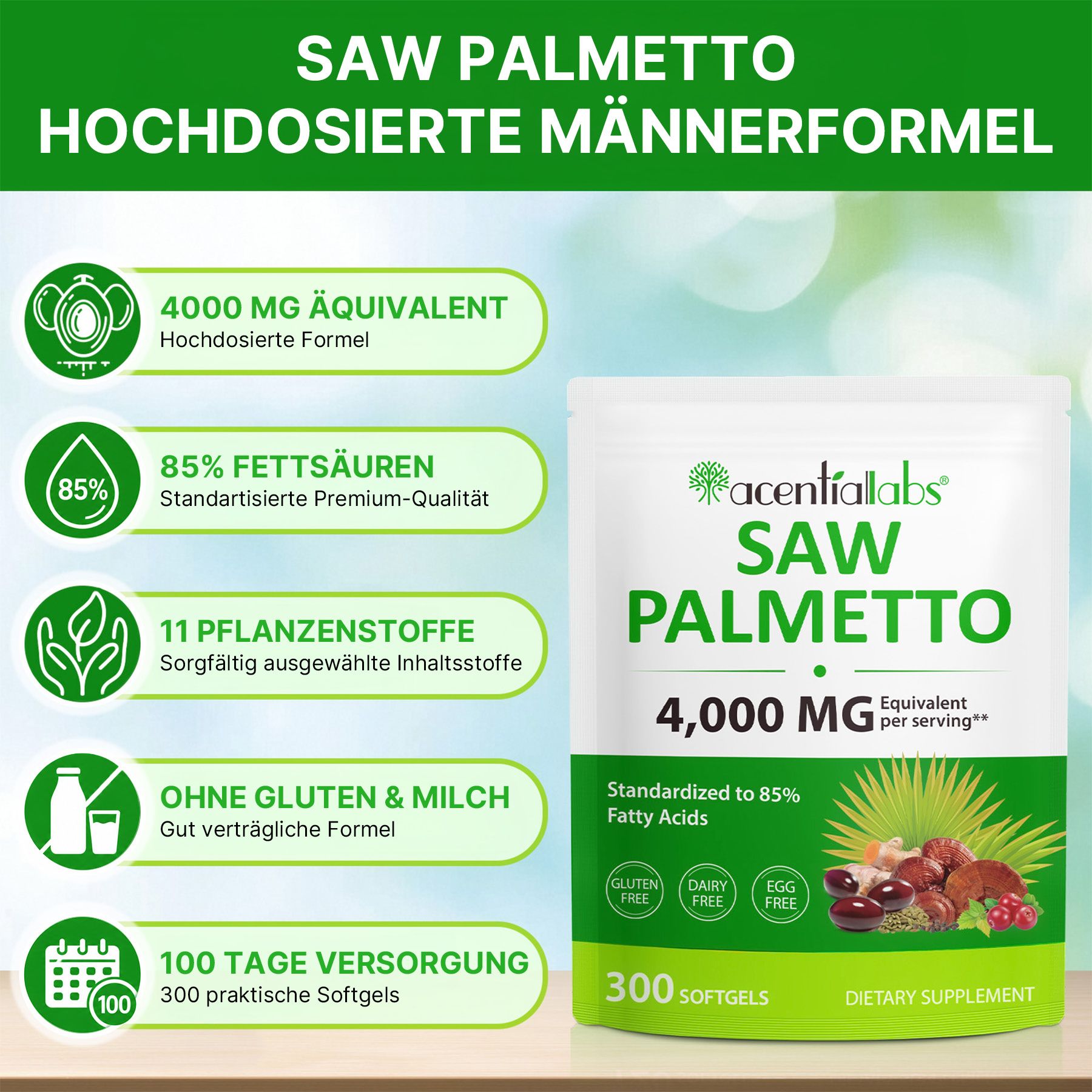 Acentiallabs Capsule molli ad alto dosaggio di estratto di Serenoa repens e olio di semi di zucca