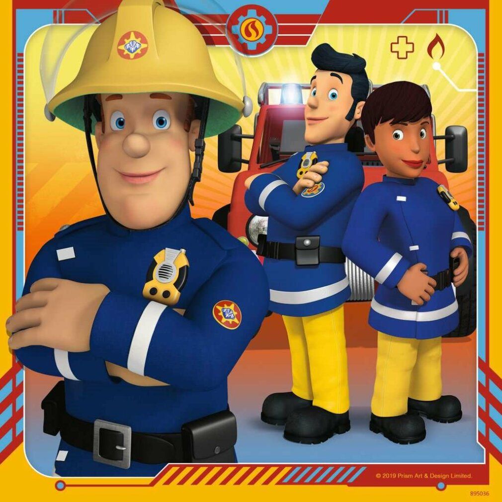Puzzle Pz. Unser Held Sam. Tre pompieri in uniforme. Sfondo con elementi gialli e rossi.