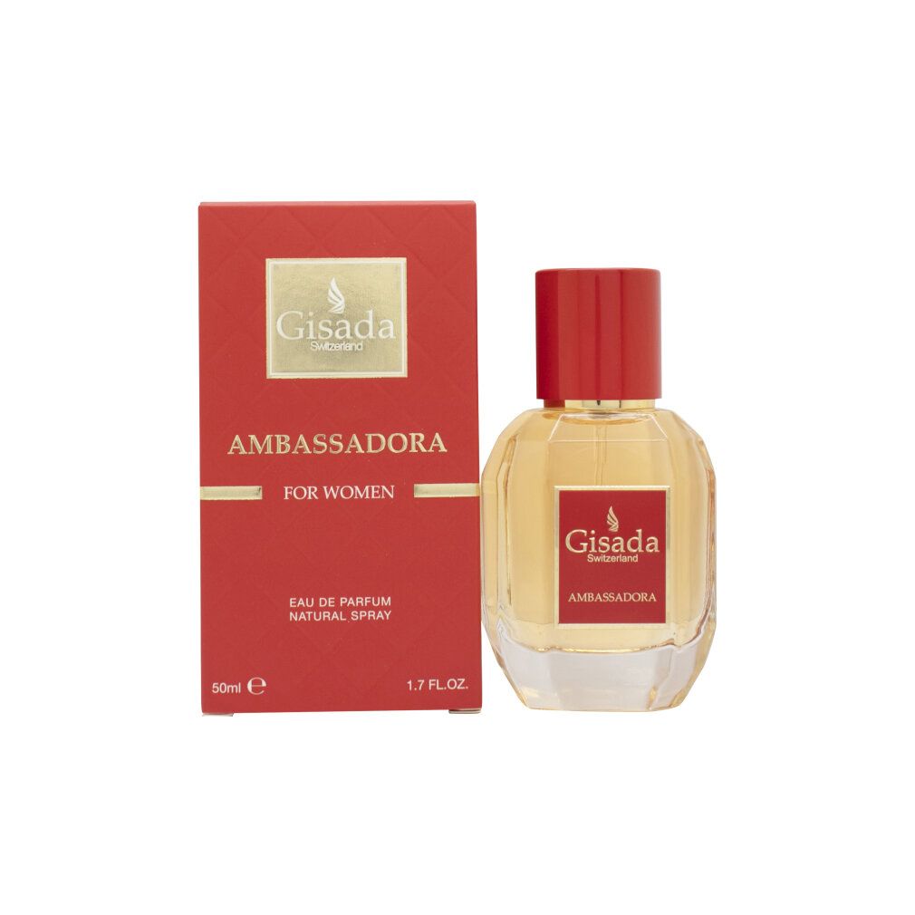 Flacone Gisada Ambassadora Eau de Parfum e confezione rossa con testo.