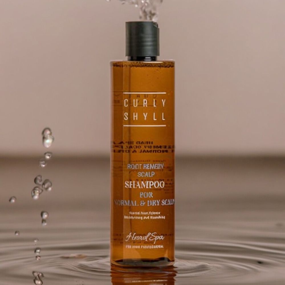 Flacone di shampoo marrone con tappo nero. Scritta: CURLY SHYLL, Root Remedy Scalp Shampoo, per cuoio capelluto normale e secco. Spruzzi d'acqua.